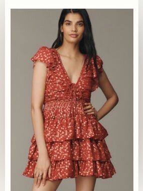 NWT ANTHROPOLOGIE SHORT-SLEEVE RUFFLED MINI DRESS Rust Red Floral